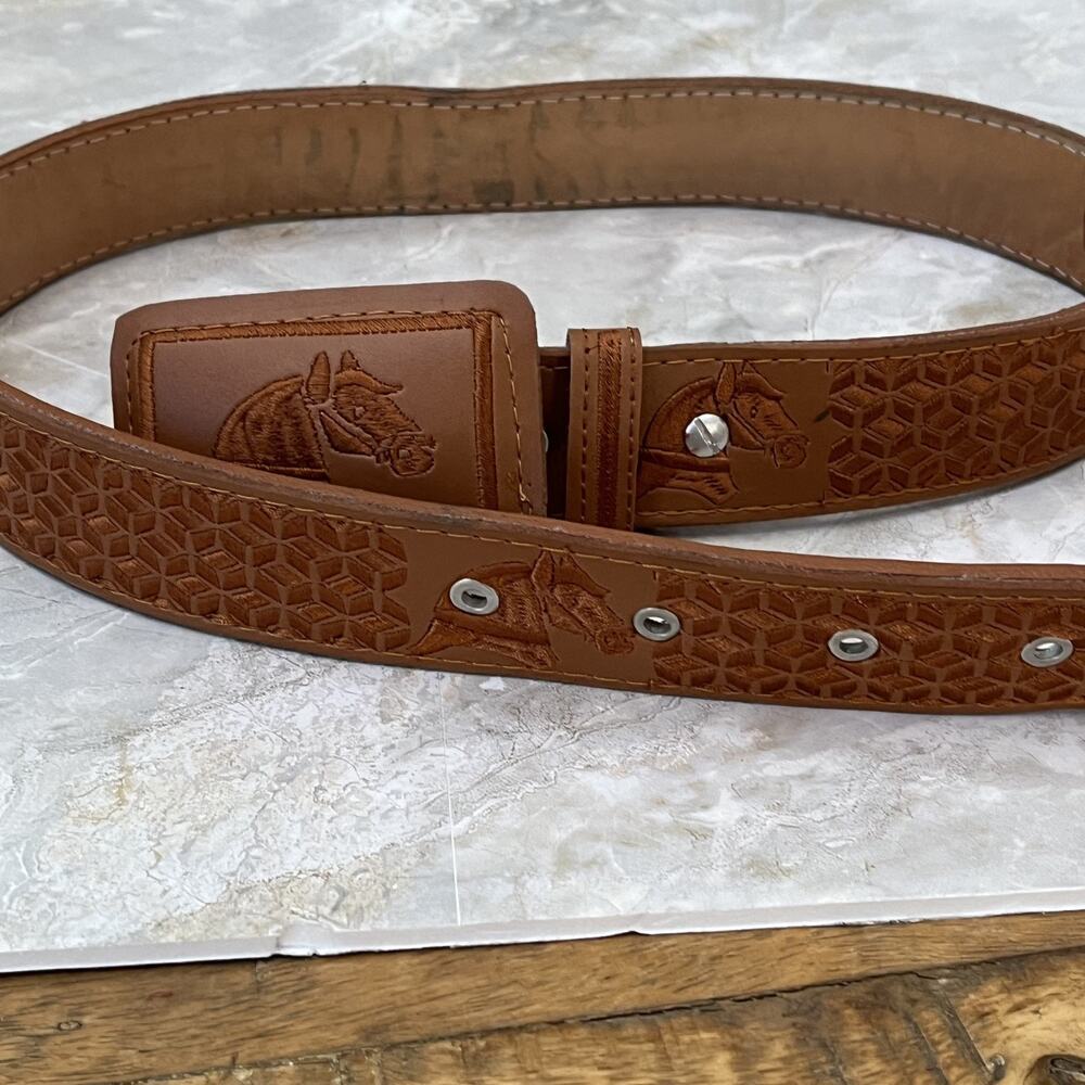 Equestrian Handcrafted Tan Leather Belt Men's Size 38 Horse Head Embroidery